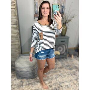 Sporty Striped Contrast Trim Pocket Round Neck Jersey Stretch White 0122